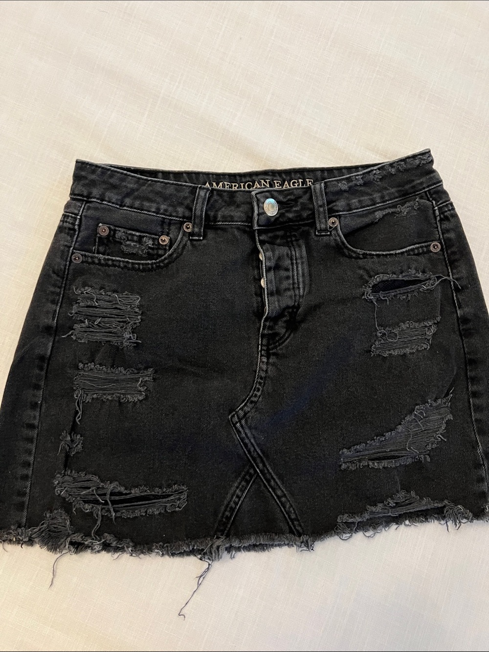 American Eagle Outfitters Black Distressed Denim Mini Skirt with Frayed Hem